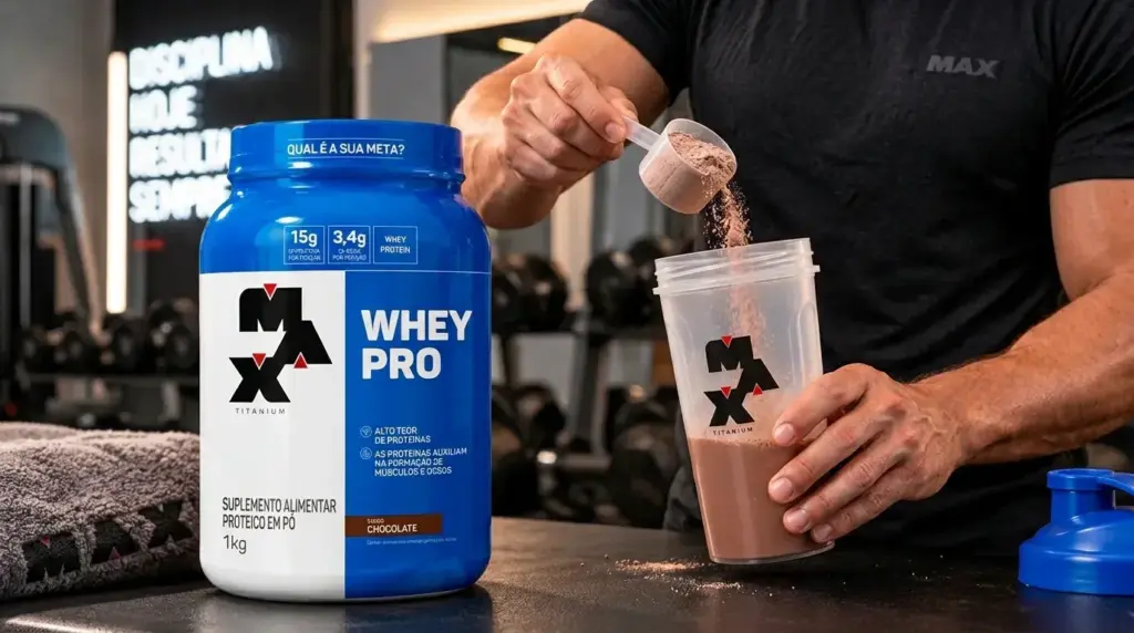 Homem preparando shake pós-treino – Whey Pro Max Titanium 1kg Chocolate