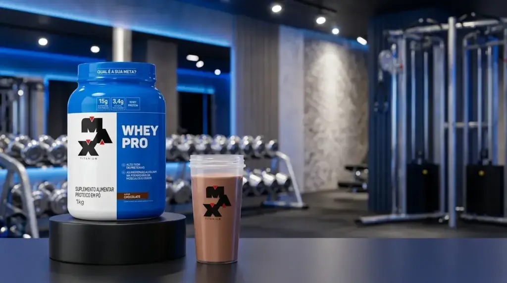 Embalagem do produto sobre pedestal preto – Whey Pro Max Titanium 1kg Chocolate