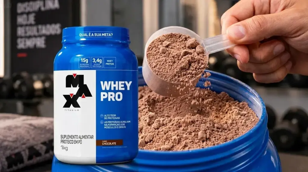 Medida de whey protein em pó – Whey Pro Max Titanium 1kg Chocolate