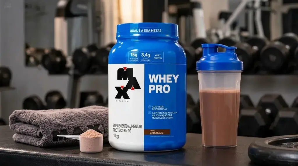 Pote de whey protein em foto de produto – Whey Pro Max Titanium 1kg Chocolate