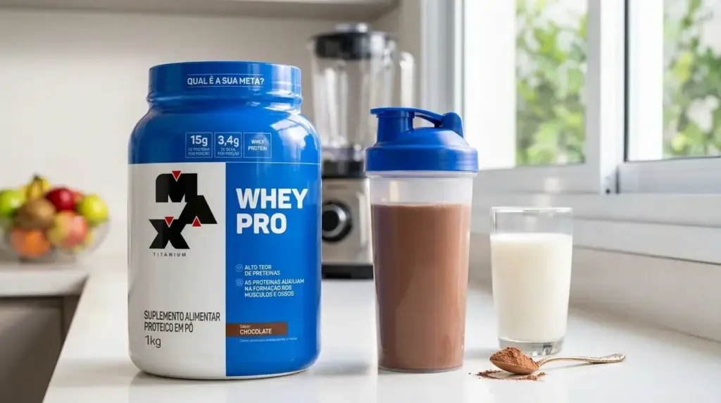 Whey protein sobre a bancada – Whey Pro Max Titanium 1kg Chocolate