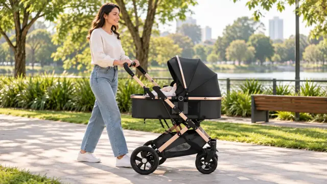 Carrinho de bebê 3 em 1: análise completa do modelo dobrável preto e dourado